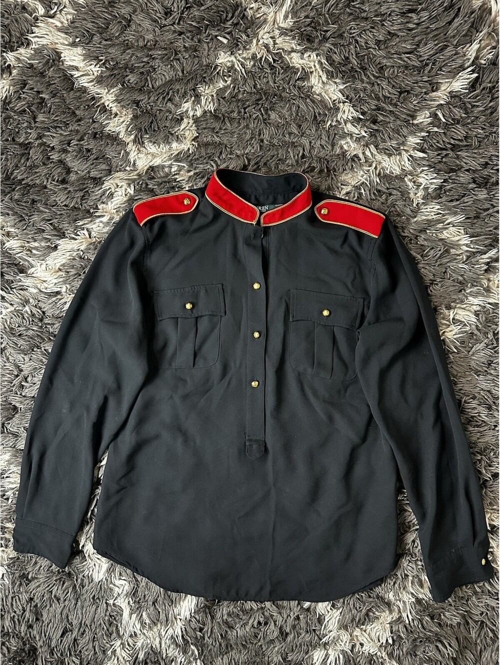 Lauren Ralph Lauren Womens XL Black Military Style Gold Button Up Blouse Top